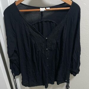 Roxy Y2K 2000s Embroidered  Black Button Top Blouse Long Sleeve Size L